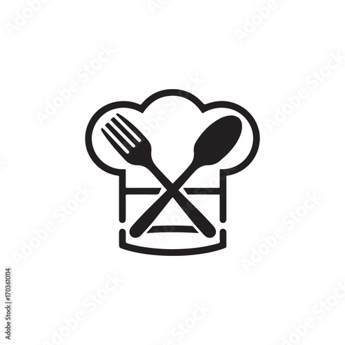 chef hat with fork and spoon vector logo in black and white for restaurant, culinary, or cooking themes.