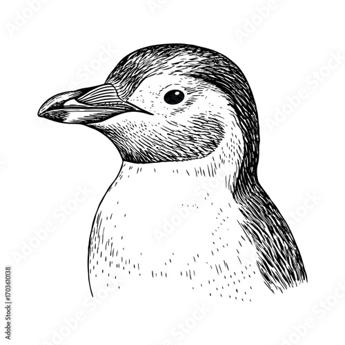 Close up portrait of penguin chick in vintage sketch style