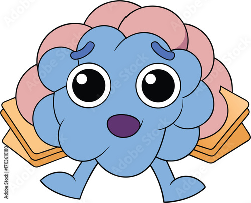 Funny cartoon overworked brain character struggling with piles of paperwork and stressful tasks vector