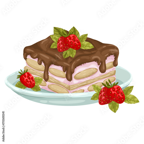 A delicious hand-drawn  illustration of tiramisu with chocolate sauce and fresh mint leaves on a plate.This classic Italian dessert is perfect for menus, recipe cards, and bakery-themed designs.