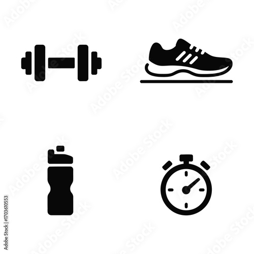 Fitness icons dumbbell sneaker water bottle stopwatch for workout and sports graphics