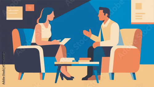 illustration of a woman and a man sitting opposite each other on chairs vector design template