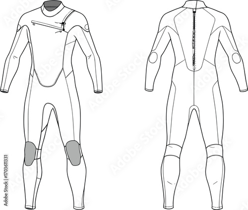 Wetsuit technical flat sketch, front and back view, surf suit vector template, ergonomic design, reinforced seams, zipper detail, CAD drawing flat vector illustration