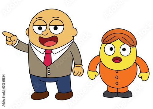 Boss pointing finger at scared employee hiding cowardly fearful subordinate office conflict bad management workplace stress vector
