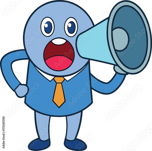 Silly blue cartoon boss character shouting loudly through a light blue megaphone business announcement vector