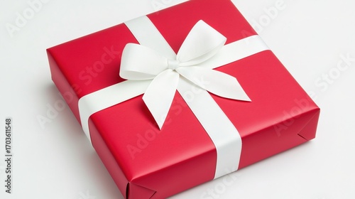 Red gift box with white ribbon and bow, centered product shot on clean background.