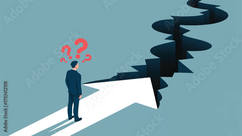 Vector art of man facing a large crack in the road with a question mark