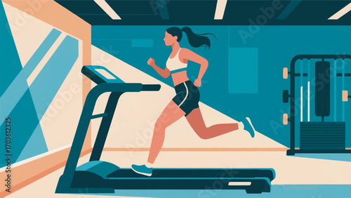 illustration of a woman exercising while running on a treadmill vector design template