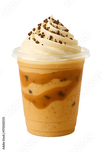 Delicious iced coffee drink with whipped cream and chocolate sprinkles