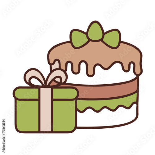 Colorful cake with gift box decorated with ribbon and bow  
