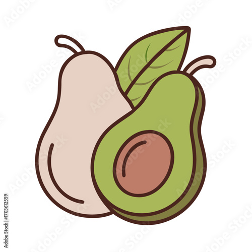 Avocado and pear illustration with green leaf on white background  