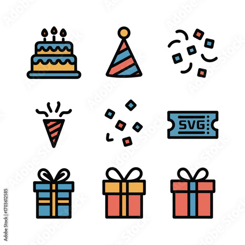 Festive birthday icons celebration party cake hat confetti gift box and ticket collection