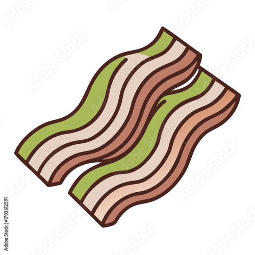 Cartoon bacon strips in pink, brown, and green colors  