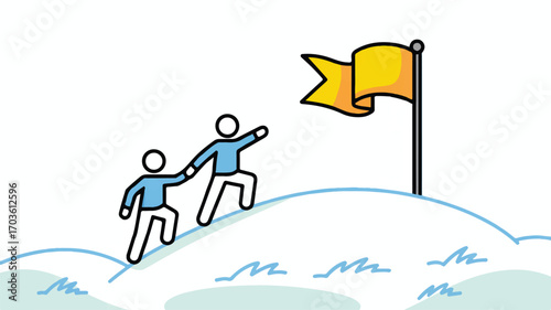 Vector art of two people climbing a snowy hill towards a flag