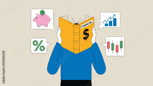 Vector art of person reading a financial book with icons of piggy bank, graph, and candlestick chart