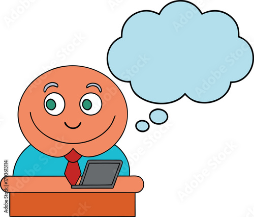 Cartoon businessman daydreaming at his desk with a blank thought bubble above his head vector