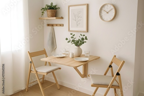 Minimalist Dining Corner with Wooden Folding Chairs. Scandinavian-inspired interior design.