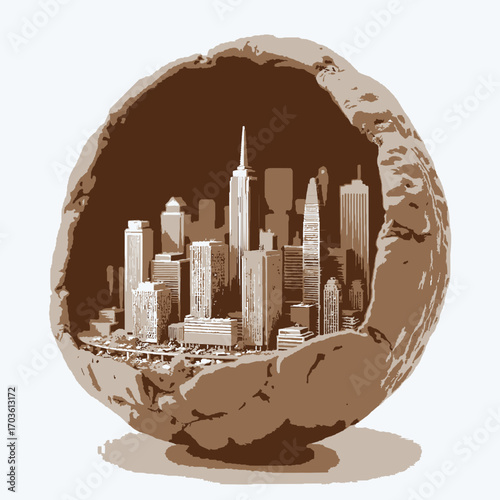 City in a Nutshell Vector Art – Unique Urban Skyline Illustration Inside Walnut Shell | Surreal Modern Digital Artwork for Design, Creativity & Conceptual Project