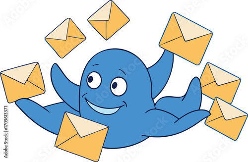 Cartoon octopus overwhelmed by incoming emails drowning in digital communication overload vector
