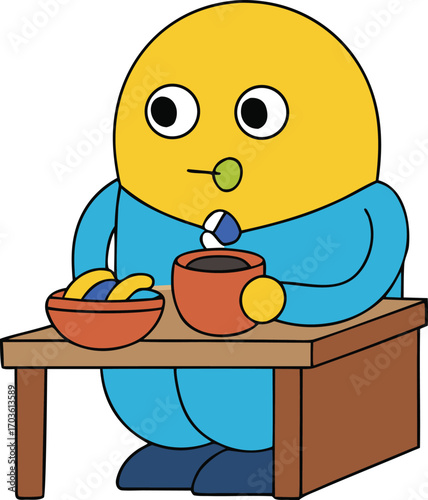 Funny cartoon character eating lunch at desk working hard depicting overworked employee and desk job lifestyle vector