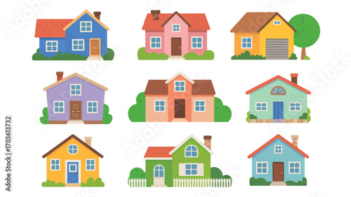 Vector art of collection of nine colorful houses