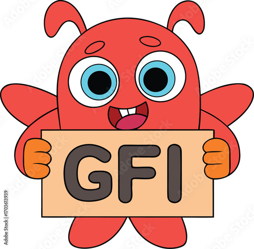 Cheerful red cartoon monster holds up a sign with tgif text expressing happiness and relief vector