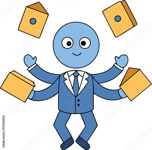 Overwhelmed cartoon employee juggling numerous files and envelopes demonstrating extreme multitasking chaos vector