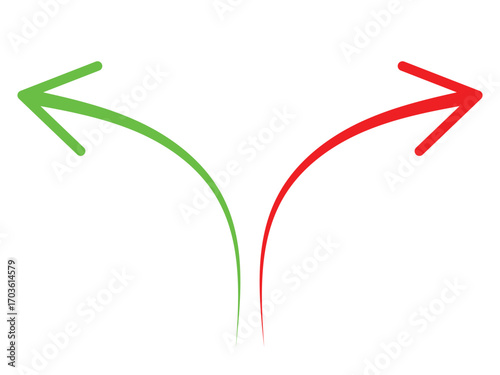 Green and red arrow pointing in opposite directions diverging paths concept