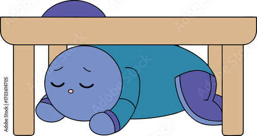 Tired cartoon character sleeps under desk exhausted employee resting desk slacking off funny office humor vector