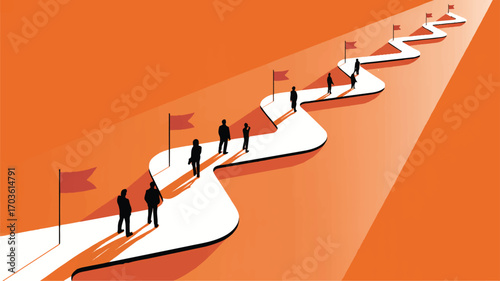 Vector art of people walking on a winding path towards flags
