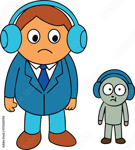 Frustrated employee with oversized headphones ignores boss symbolizing workplace disconnect and stress vector