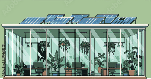 Sustainable office space featuring solar panels and an abundance of indoor plants