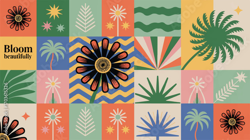 Vector art of vibrant abstract floral and palm tree pattern with bloom beautifully text