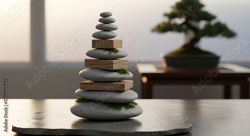 Zen Stones and Bonsai Tree Balance.