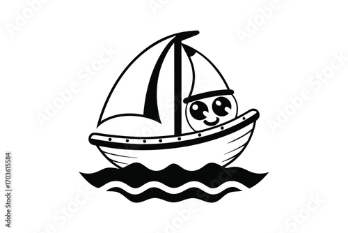 Cartoon sailboat with large eyes navigates gently through the rippling water gracefully