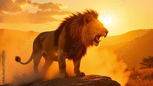 Majestic lion roars at the golden sunrise, embodying power and the wild spirit of the savanna.