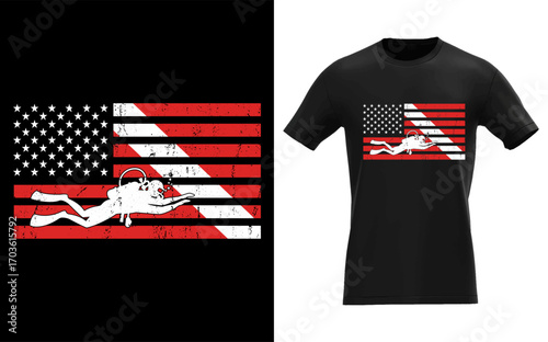 Scuba diver with american flag silhouette underwater scene