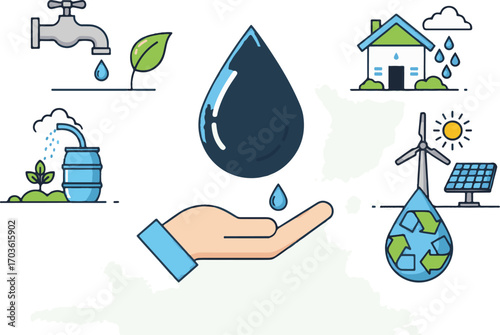 Illustration showcasing water conservation methods and renewable energy sources for sustainability