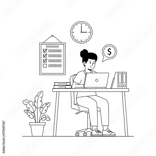 Woman working on laptop at desk with checklist and plant