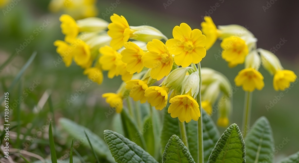 Fototapeta premium Vibrant yellow primroses blooming in a lush green garden.