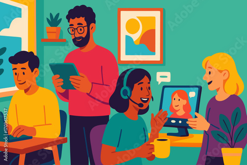 Multicultural Professionals Working from Home — Modern Flat Design