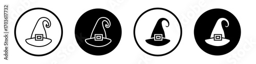 Witch hat icon collection in black and white filled and outlined style for web.