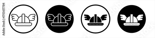 Winged viking helmet icon collection in black and white filled and outlined style for web.