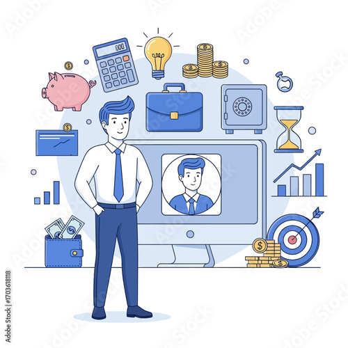 Business man with financial elements and computer screen