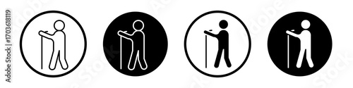 Walking stick icon collection in black and white filled and outlined style for web.