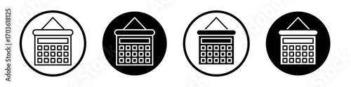 Wall calendar icon collection in black and white filled and outlined style for web.