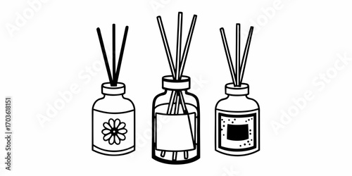 Three reed diffusers in glass bottles with different labels in a black and white outline drawing style