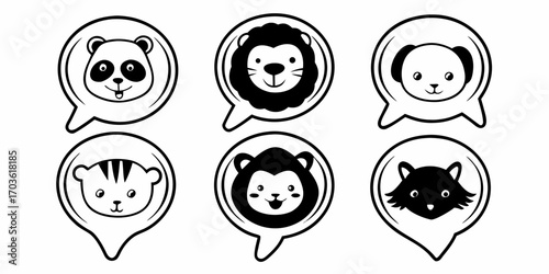 Cartoon animal faces in speech bubbles including panda lion dog tiger monkey and raccoon design 100 characters