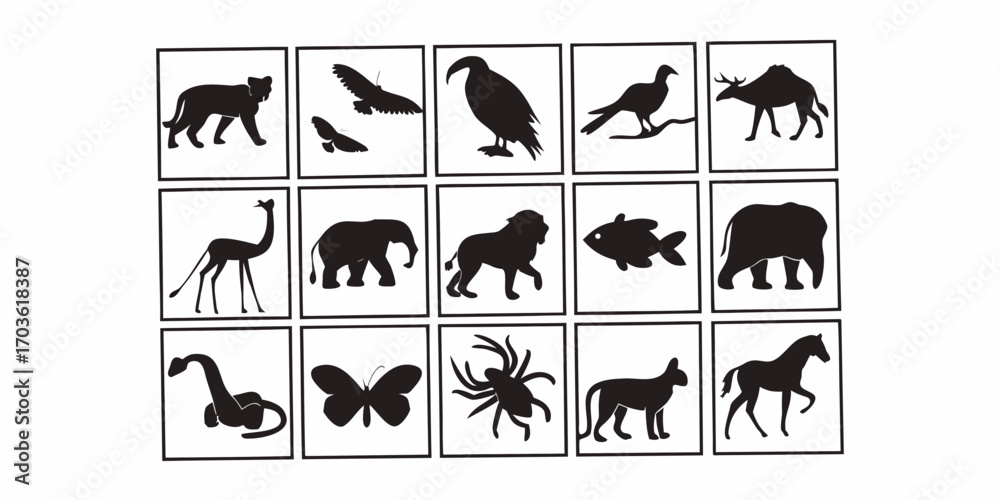 Fototapeta premium Fifteen animal silhouettes arranged in a grid with a lion, eagle, elephant, horse, and butterfly