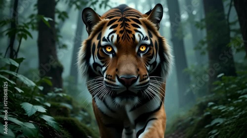 Majestic tiger with glowing eyes emerges from a misty, verdant jungle, exuding power and mystery.
